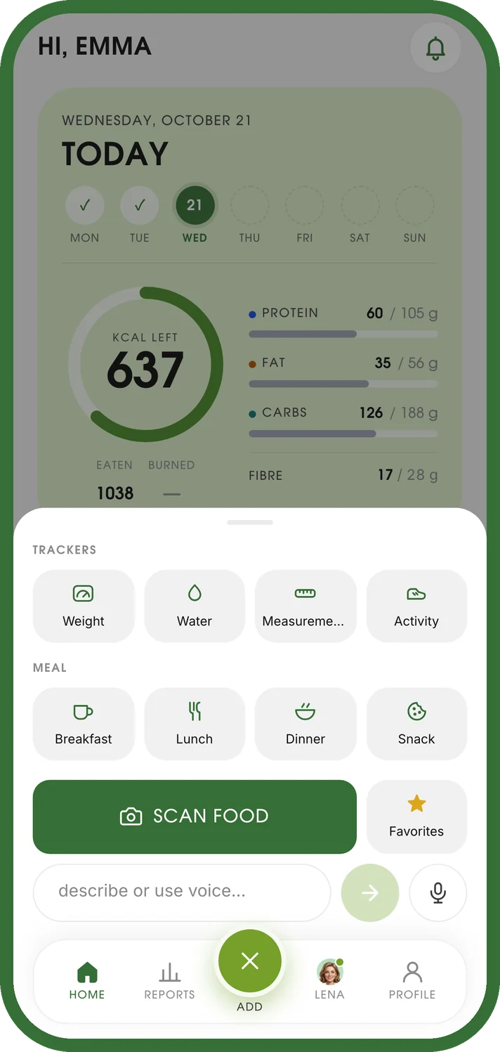 Home screen with the daily calorie ring and the add-food sheet open