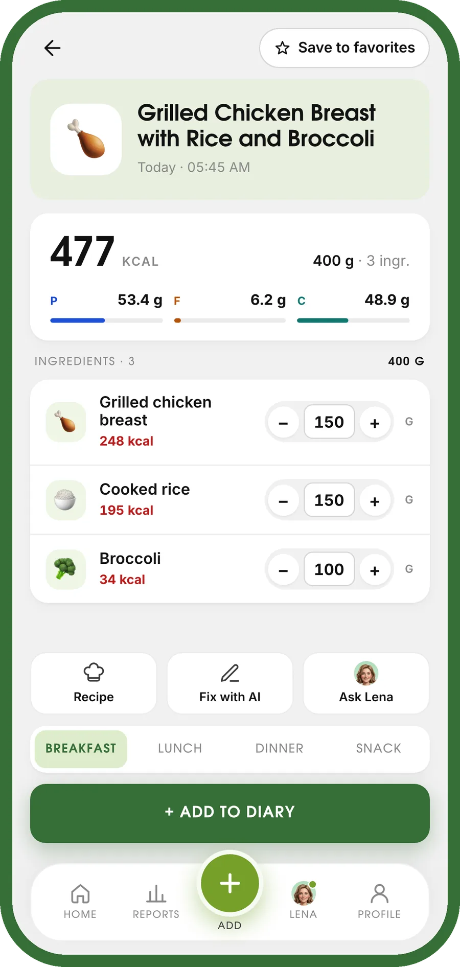 A dish broken down into ingredients with calories and macros