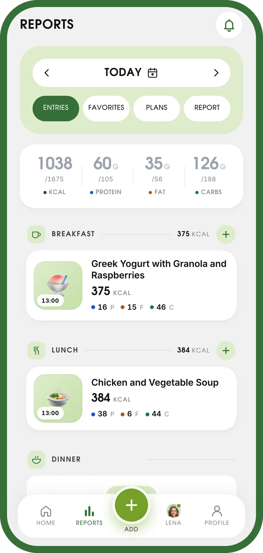 Food diary with the meals logged for the day