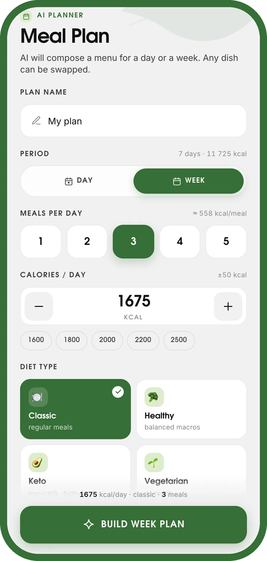 Meal plan setup: period, meals per day, calorie target and diet type