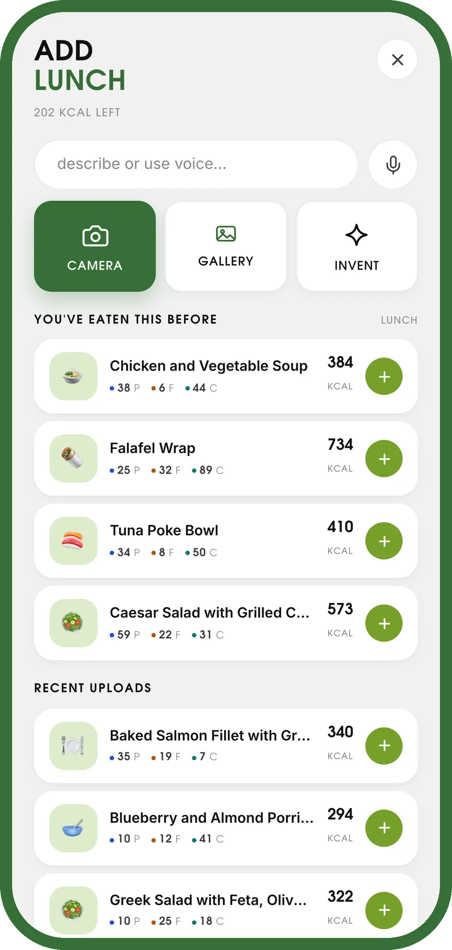 Add screen: camera, gallery and a describe-or-use-voice field, with previously eaten lunches listed below