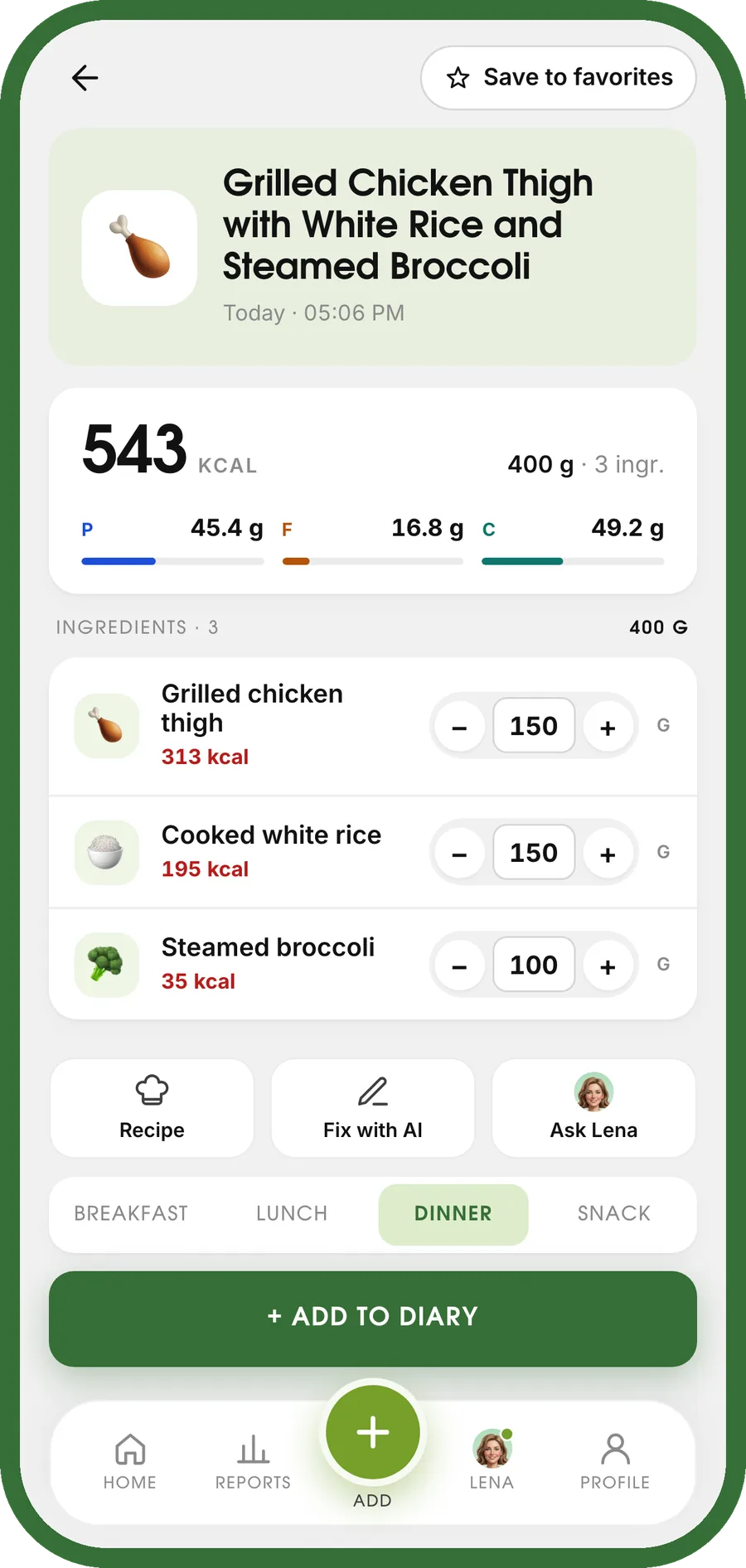 The meal as the AI first read it: 543 kcal over three ingredients — grilled chicken thigh, cooked white rice and steamed broccoli