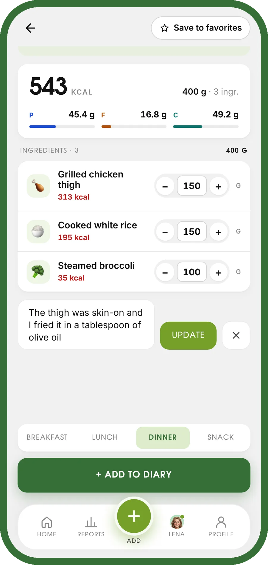 The correction box open under the ingredient list, with the sentence about skin-on chicken fried in olive oil typed in and an Update button beside it